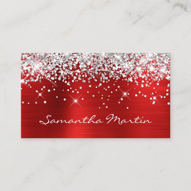 Tarjeta De Visita Relieve metalizado Rojo Purpurina Sparkly Silver (Anverso)