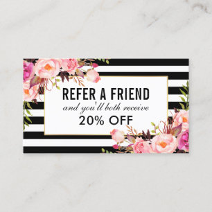 Tarjeta De Visita Remisión rayada blanco y negro floral rosada