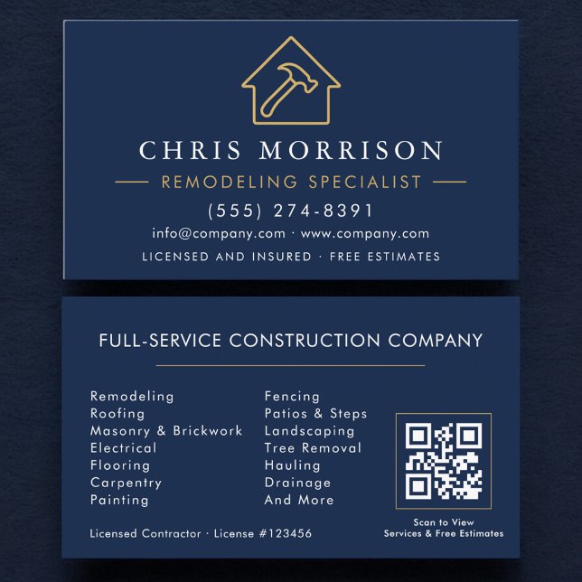Tarjeta De Visita Remodeling Specialist QR Code Navy Blue Gold  (Subido por el creador)