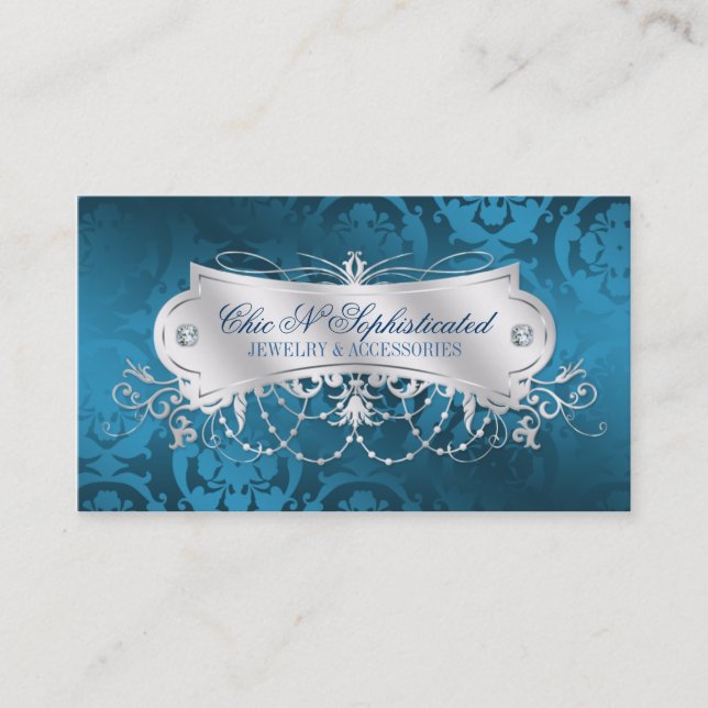 Tarjeta De Visita Remolino azul elegante del damasco (Anverso)