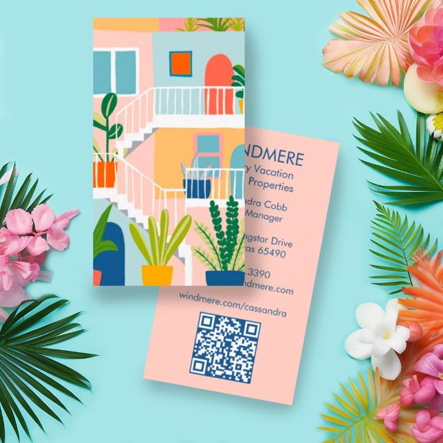 Tarjeta De Visita Renta de vacaciones Agente Inmobiliario Realtor Có (Custom artwork real estate business cards perfect for vacation rental agents, custom QR code)