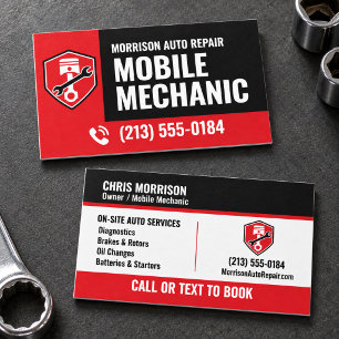 Tarjeta De Visita Reparación Automotriz Móvil Mecánico Rojo y Negro