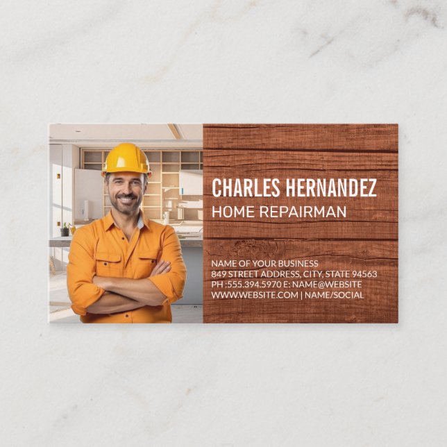 Tarjeta De Visita Reparador de la construcción trabajando en cocina (Anverso)