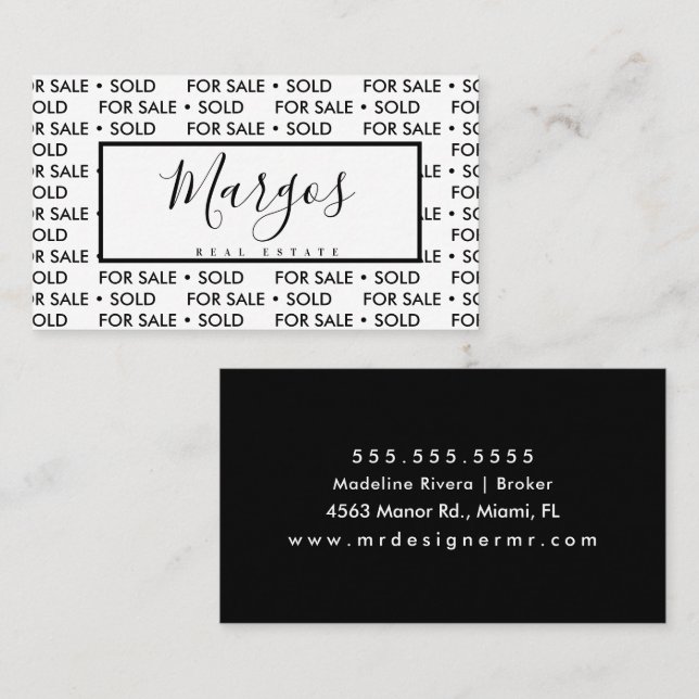 Tarjeta De Visita Repetir venta en casa Realtor Broker Blanco negro (Anverso / Reverso)