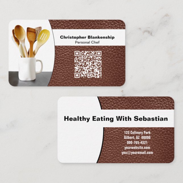 Tarjeta De Visita Replaceable Chef Spoons Photo on Leather QR Code (Anverso / Reverso)