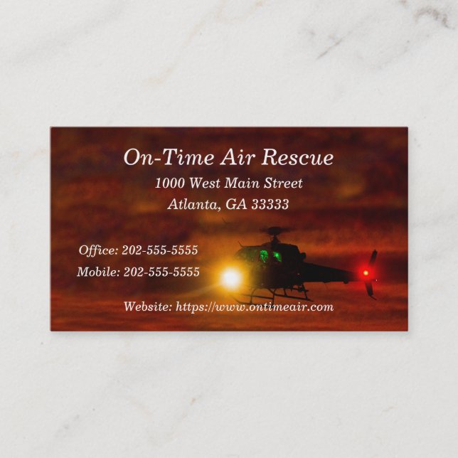 Tarjeta De Visita Rescate por helicóptero en puesta del sol (Anverso)