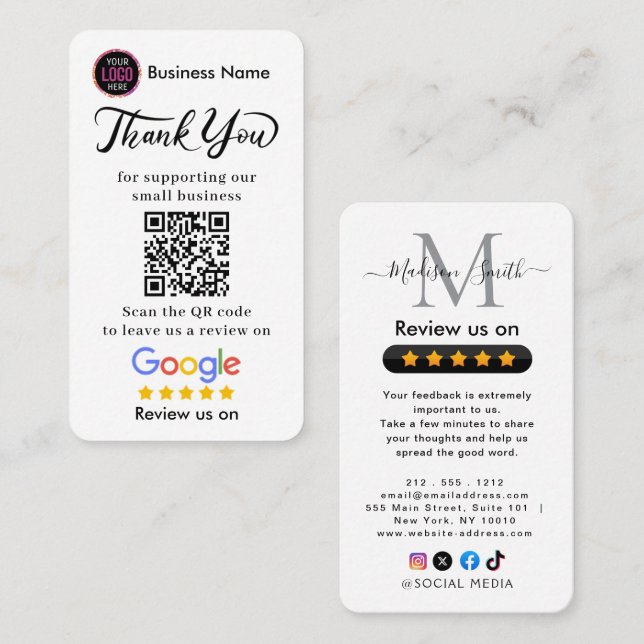 Tarjeta De Visita Reseñas de Google con agradecimiento y código QR (Anverso / Reverso)