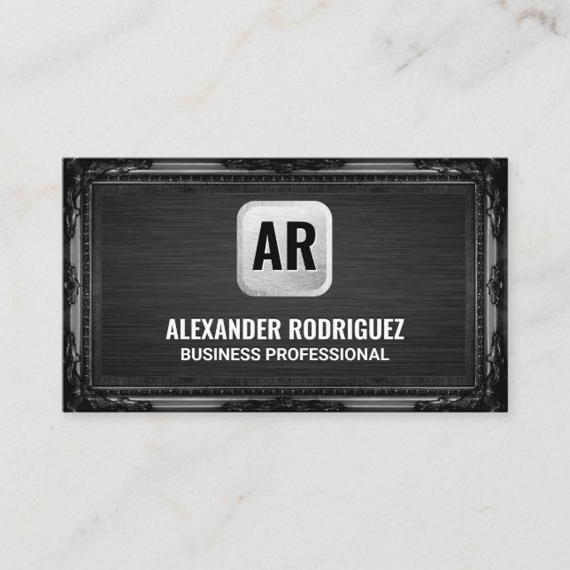 Tarjeta De Visita Respaldo plateado monograma | Marco negro antiguo (Anverso)