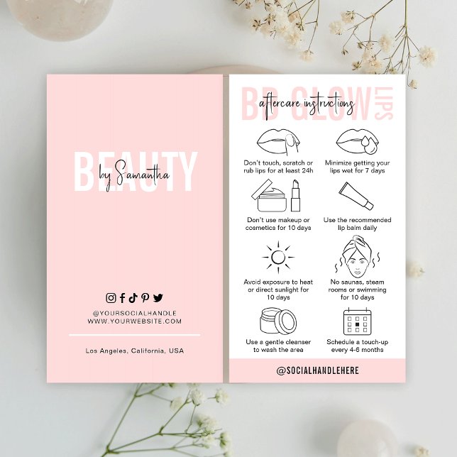 Tarjeta De Visita Resplandor de los labios después de las instruccio (Feminine BB Glow Lips Aftercare Instructions cards with icons and fully editable text and colors)