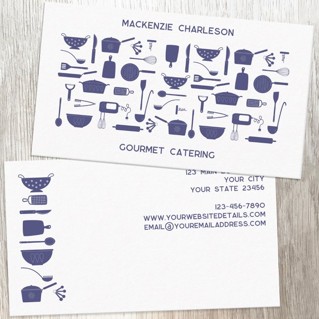 Tarjeta De Visita Restauración (Blue and white retro kitchen utensil catering, bakery, cafe, restaurant, cook ro chef business card)