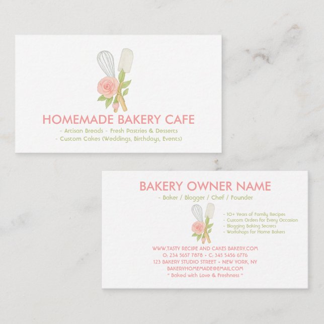 Tarjeta De Visita Restauración de panadería de tortas florales rosad (Anverso / Reverso)