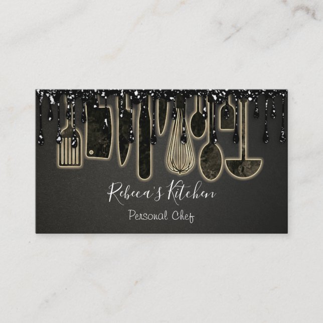 Tarjeta De Visita Restauración Personal Chef Restaurante Drip Black  (Anverso)