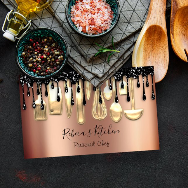 Tarjeta De Visita Restauración Personal Chef Restaurante Drip Rosa G (Catering Personal Chef Restaurant Drip Rose Gold Business Card)