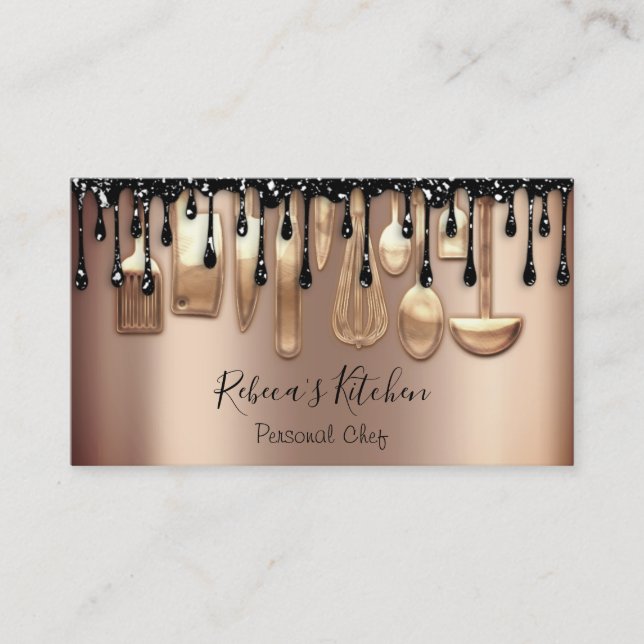 Tarjeta De Visita Restaurante de cocina personal Drip RoseGlitter (Anverso)