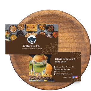 Tarjeta De Visita Restaurante ilustrativo marrón y blanco, comida co