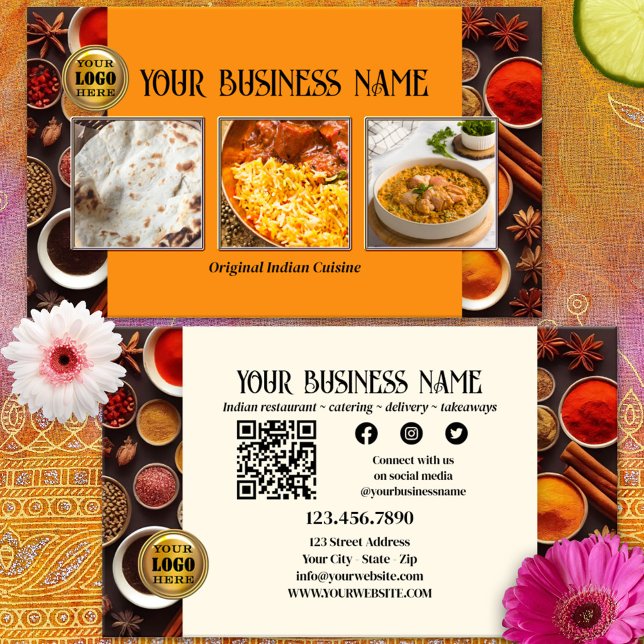 Tarjeta De Visita Restaurante indio QR Code Foto de medios sociales (Business card for an Indian restaurant or catering company with photos of your best selling dishes)