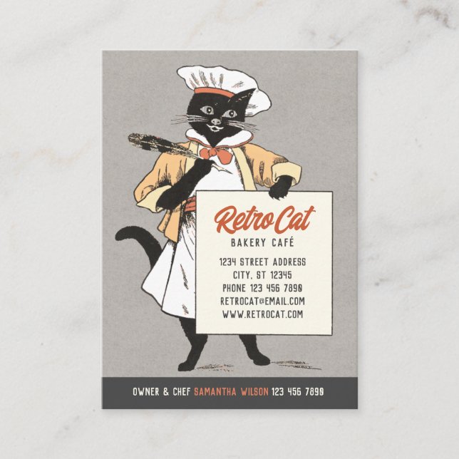 Tarjeta De Visita Restaurante Retro Bakery Cafe Cat Chef CC1221 (Anverso)