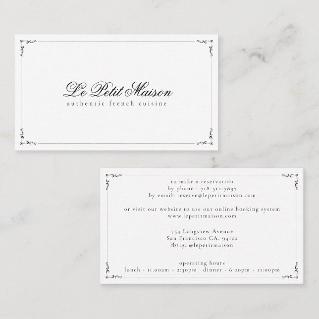 Tarjeta De Visita Restaurante Sencillo Libro Blanco Clásico Reserva (Anverso / Reverso)