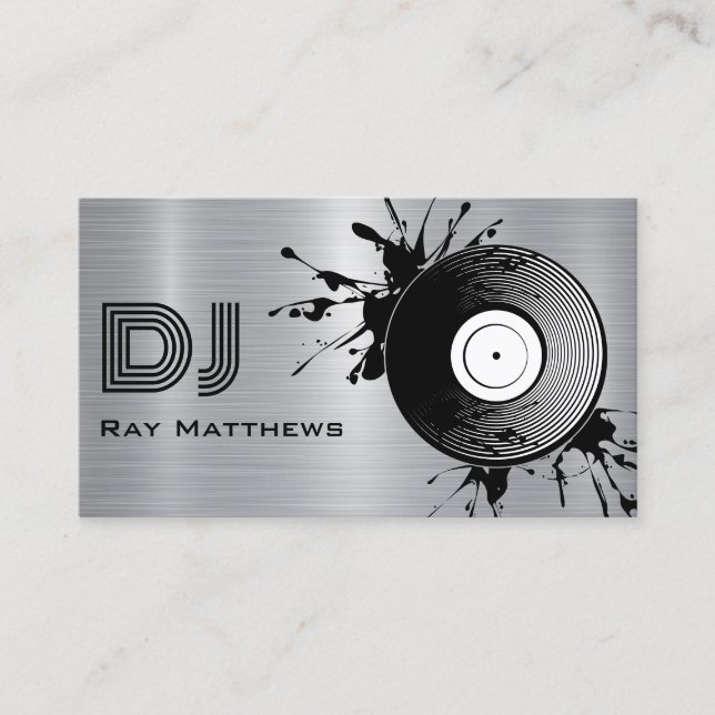 Tarjeta De Visita Resumen de disco DJ Faux Silver Brushand Steel Met (Anverso)