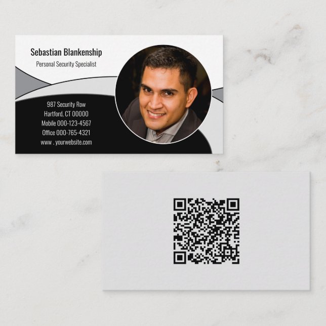 Tarjeta De Visita Resumen negro, blanco y gris con código QR y foto (Anverso / Reverso)