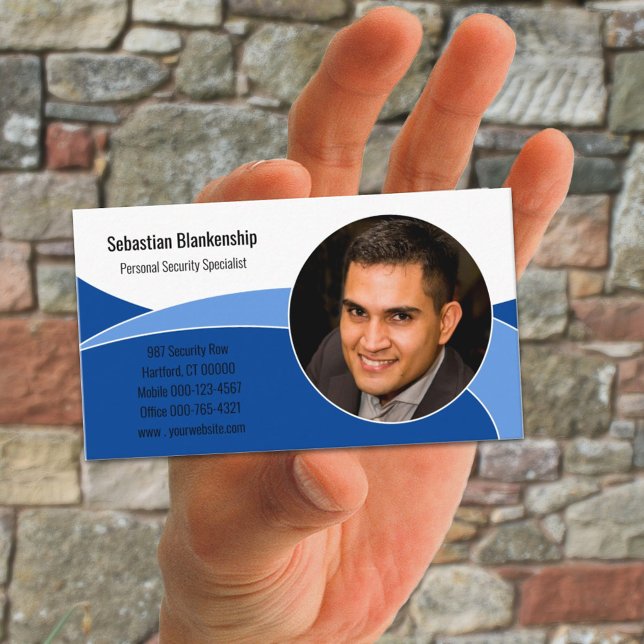 Tarjeta De Visita Resumen Personalizado profesional de seguridad azu (custom photo business card template design front)