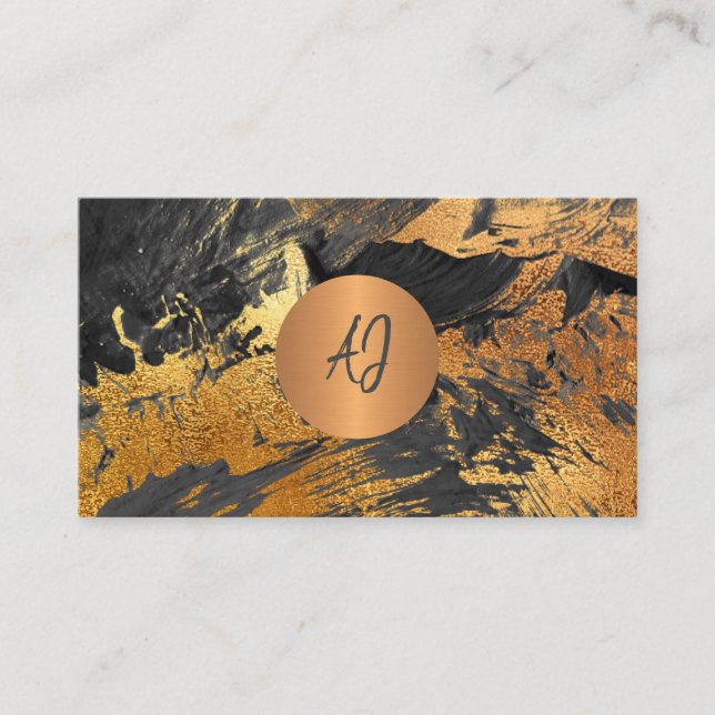 Tarjeta De Visita Resumen pintura acrílica oro negro monogramado (Anverso)