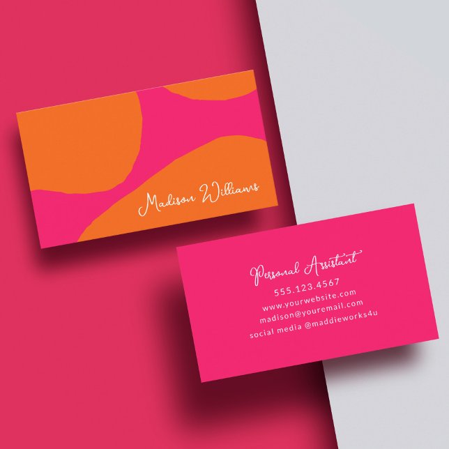 Tarjeta De Visita Resumen rosa caliente y Naranja brillante y audaz (This bright and bold feminine business card will get you noticed!)