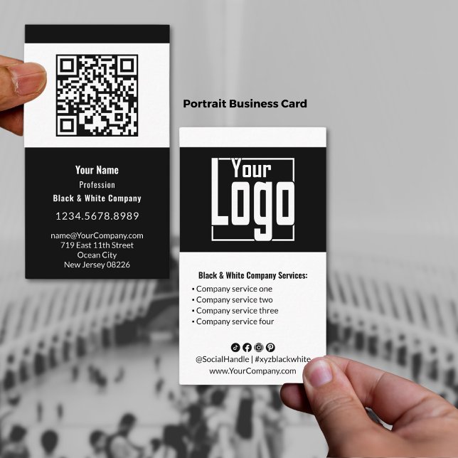 Tarjeta De Visita Retrato moderno en blanco y negro (Modern Black & White Portrait Business Card, Logo, QR code, Service List, Social)