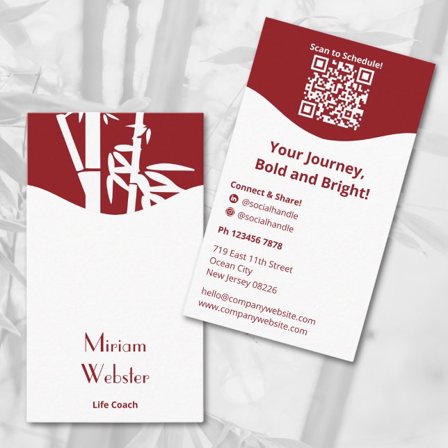 Tarjeta De Visita Retrato personal del entrenador de la vida blanca  (Bamboo Red White Life Coach Portrait Personal Business Card, QR code, Tagline, Connect)