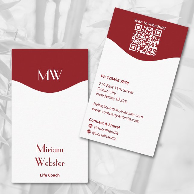 Tarjeta De Visita Retrato personal mínimo de las Iniciales Blancas R (Minimal Red White Initials Portrait Personal Business Card, Initials, QR code, Connect on Social)