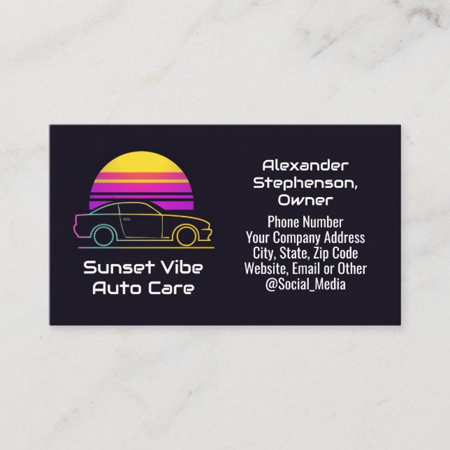 Tarjeta De Visita Retro 1980s Sunset Sports Car Auto Mechanic (Anverso)
