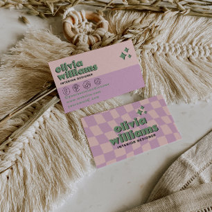 Tarjeta De Visita Retro Audaz Rosa Verde Boho Groovy Cuadros Único
