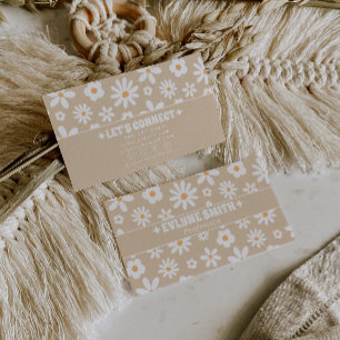 Tarjeta De Visita Retro Beige Groovy Floral Boho Único 70s