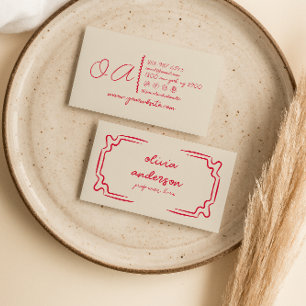 Tarjeta De Visita Retro Beige Rojo Escrito A Mano Con Una Girona Úni