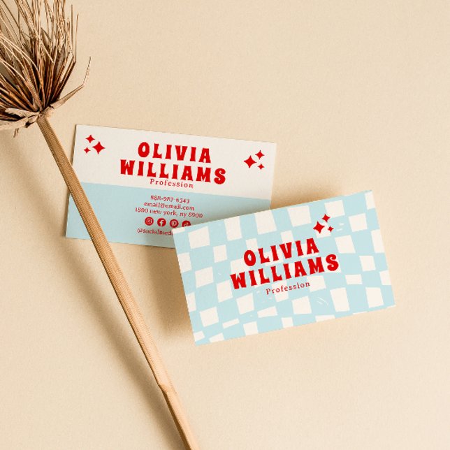 Tarjeta De Visita Retro Blue Bold Groovy Checkered Trendy Funky Fun (Subido por el creador)