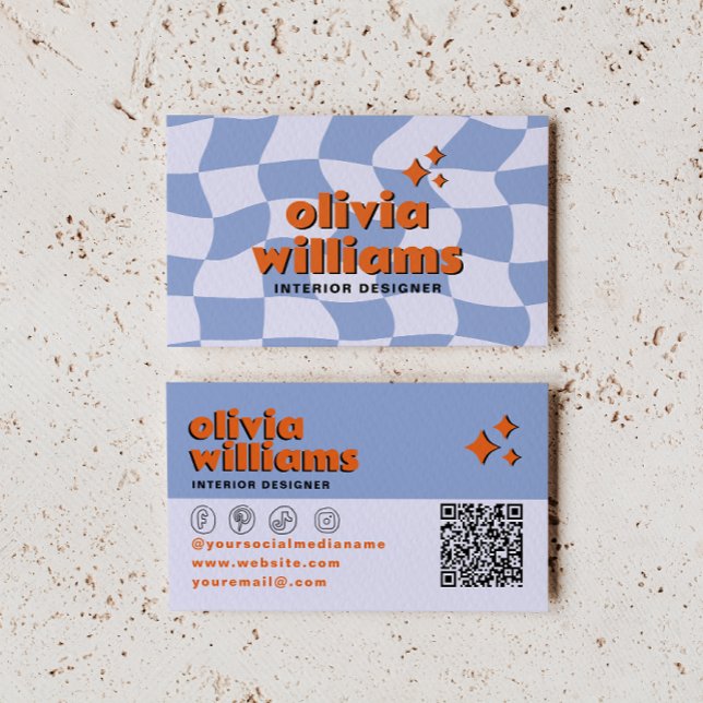 Tarjeta De Visita Retro Blue Orange QR Code Groovy Checkered Unique  (Subido por el creador)