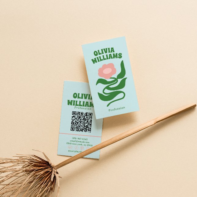 Tarjeta De Visita Retro Bold Boho QR Code Groovy Floral Trendy (Subido por el creador)