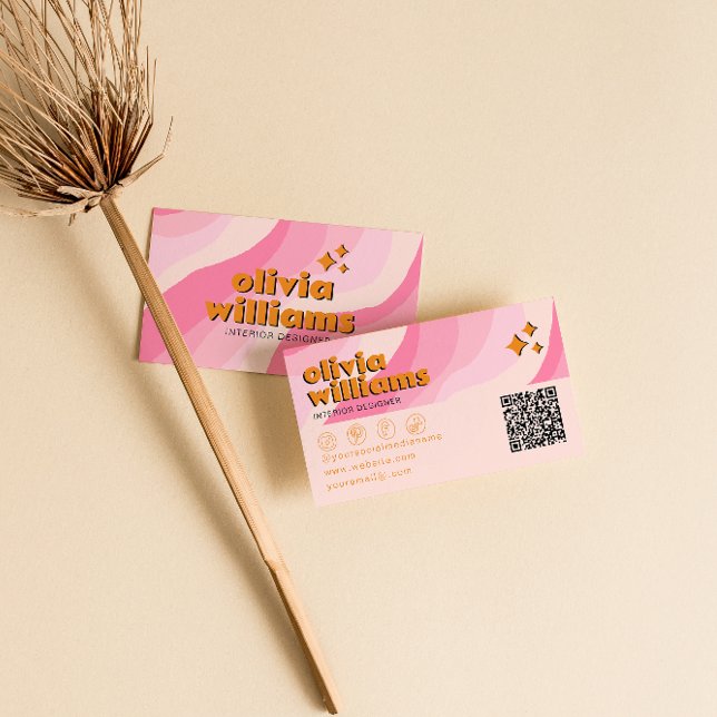 Tarjeta De Visita Retro Bold Pink Orange QR Code Groovy Girly Unique (Subido por el creador)