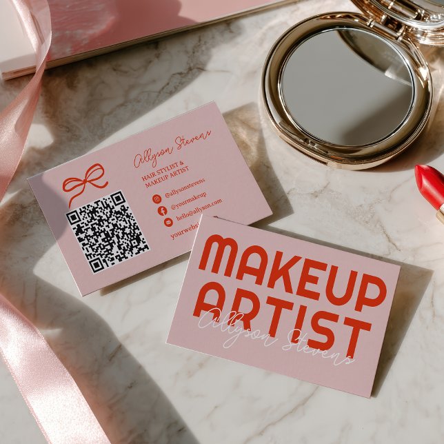 Tarjeta De Visita Retro Bold Pink Red Makeup Artist QR Code (Retro Bold Pink Red Makeup Artist QR Code Business Card)