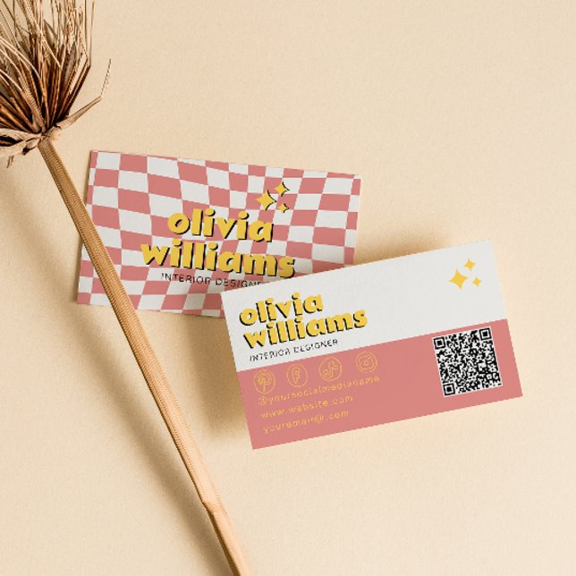 Tarjeta De Visita Retro Bold QR Code 70s Groovy Checkered Trendy (Subido por el creador)