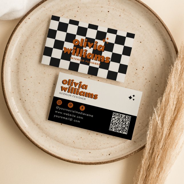 Tarjeta De Visita Retro Bold QR Code Boho Groovy Checkered Funky (Subido por el creador)