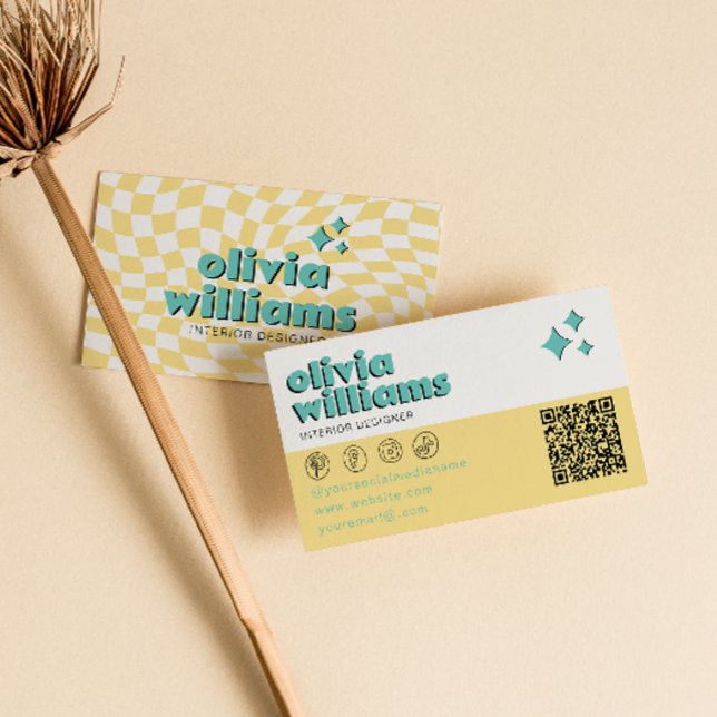 Tarjeta De Visita Retro Bold QR  Code Boho Groovy Checkered Unique (Subido por el creador)