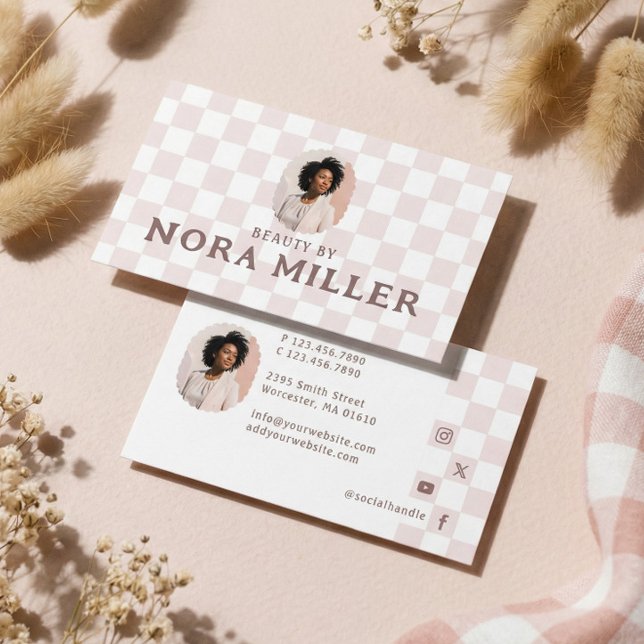 Tarjeta De Visita Retro Checkered Pattern Beauty Professional Photo  (Retro Checkered Pattern Beauty Professional Photo Business Card)