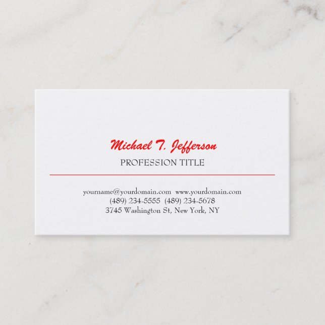 Tarjeta De Visita Retro Clásico Elegante Plata Simple Blanco Rojo (Anverso)