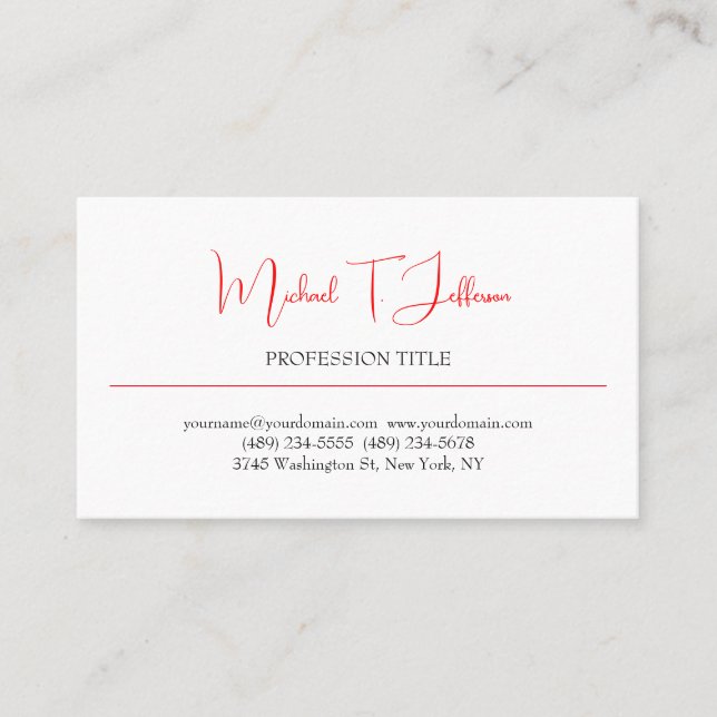 Tarjeta De Visita Retro Clásico Elegante Plata Simple Blanco Rojo (Anverso)