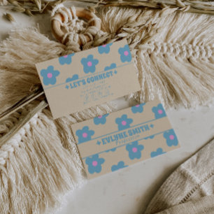 Tarjeta De Visita Retro Crema Azul Groovy Floral Boho Único 70s