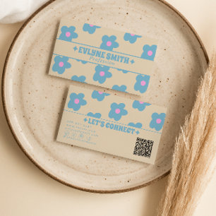 Tarjeta De Visita Retro Crema Código QR Azul Floral Boho Único