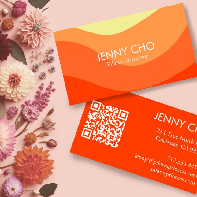 Tarjeta De Visita Retro de banda de curva Resumen Naranja moderno mí (Bright orange and yellow curvy stripes business cards with QR codes)