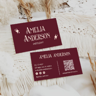 Tarjeta De Visita Retro Elegant Blush & Burgundy Qr Code