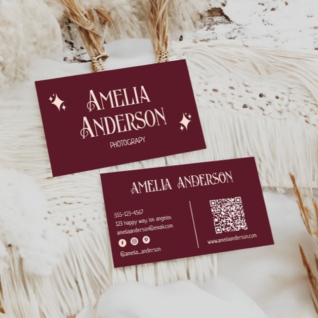 Tarjeta De Visita Retro Elegant Blush & Burgundy Qr Code (Subido por el creador)